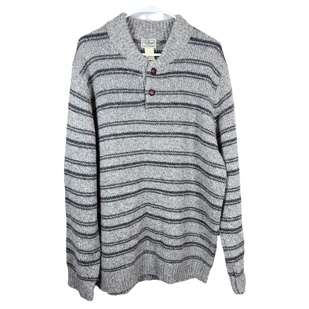 LL Bean Lambswool Sweater Mens L‎ Tall Gray Striped Button Mock Neck Cabin